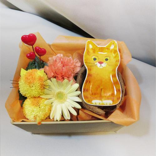 モン スイユ茶トラ豆皿 フラワーアレンジメントセット ネコ好きさんへのフラワーギフトにかわいいセット