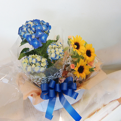 夏のお花 ひまわり あじさい を取り合わせたアレンジメントセット 父の日プレゼントにもオススメ