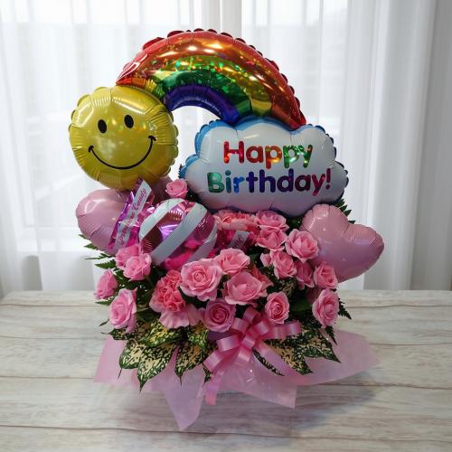 HappyBirthday!!★レインボーバルーンアレンジメント★ピンクローズ